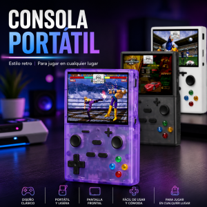Consola de videojuego portátil estilo retro en formato vertical, diseño compacto. Venta por mayoreo