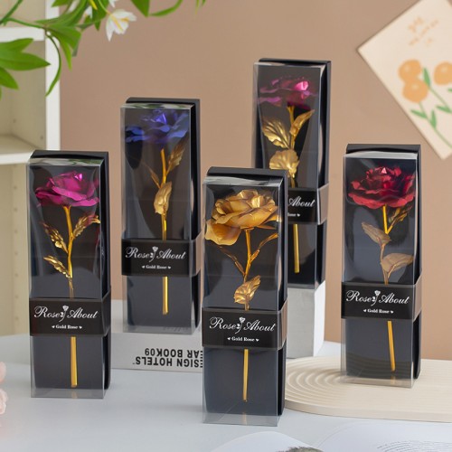 Rosa eterna artificial con luz LED multicolor, presentada en cajita transparente. Ideal como regalo romántico para aniversarios, San Valentín para venta al por mayor. XH-0400