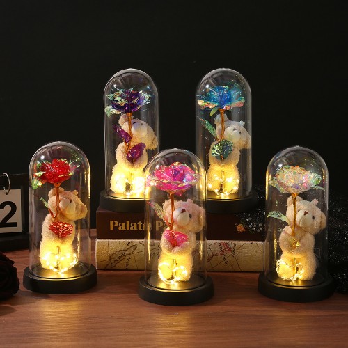Rosa eterna artificial con peluche decorativo y luces LED multicolor. Ideal como regalo romántico para aniversarios, San Valentín para venta al por mayor. XH-0503