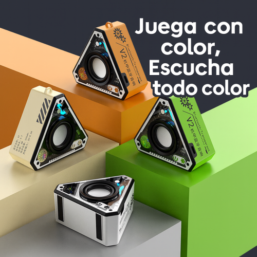 Bocina triangular Bluetooth V2 con diseño moderno y compacto. Ofrece sonido potente y claro, conexión inalámbrica estable y efectos de luces LED, Mayoreo XM-7105
