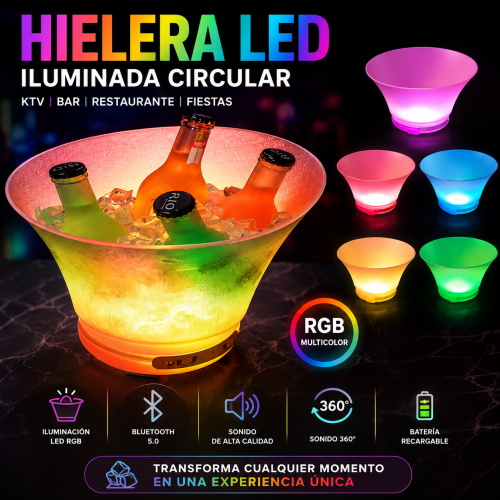 Hielera LED de 5 litros  con iluminación RGB multicolor, ideal para enfriar y presentar bebidas en reuniones o eventos. Venta por mayoreo