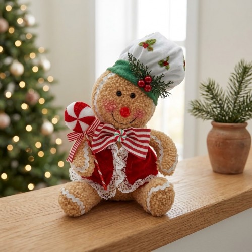 Muñeco de jengibre navideño de 29 × 19 × 14 cm con gorro de chef y bastón decorativo, ideal para ambientar espacios festivos. Venta por mayoreo