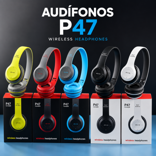 Audífonos inalámbricos P47 en varios colores, ideales para escuchar música y audio. Venta por mayoreo