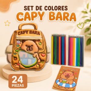 Set de 24 colores con mochila de modelos variados, lápices de colores y libreta. Ideal para actividades creativas. Venta por mayoreo