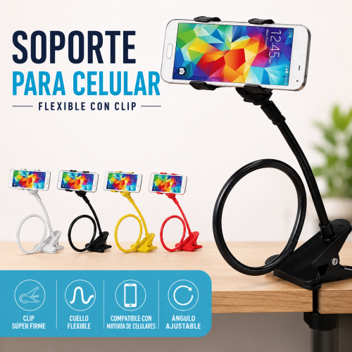 Soporte flexible para celular con clip de sujeción, ideal para colocar el teléfono en mesa, escritorio o superficies compatibles. Venta por mayoreo