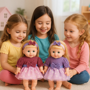 Muñeca interactiva de 35 cm. Incluye accesorios como biberón, cepillos, pañal, secadora de juguete y plato. Ideal para juego imaginativo y regalo para niñas. Modelo Y14-0101AB