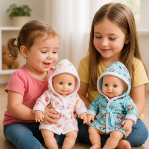 Muñeca interactiva de 35 cm con outfit tipo bata con capucha. Función de tomar agua, hacer pipí y emitir sonidos divertidos. Incluye accesorios. Venta por mayoreo Y14-0309AB