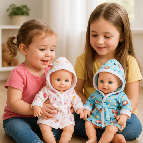 Muñeca interactiva de 35 cm con outfit tipo bata con capucha. Función de tomar agua, hacer pipí y emitir sonidos divertidos. Incluye accesorios. Venta por mayoreo Y14-0309AB Muñeca interactiva de 35 cm con outfit tipo bata con capucha. Función de tomar agua, hacer pipí y emitir sonidos divertidos. Incluye accesorios. Venta por mayoreo Y14-0309AB