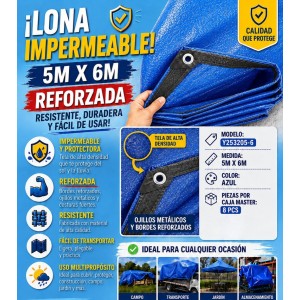 Lona impermeable 5 m x 6 m. Ideal para uso multipropósito. Venta por mayoreo