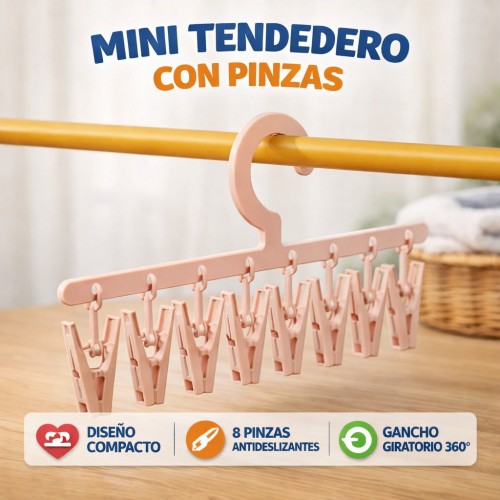 Colgador portátil con 8 pinzas para ropa interior, calcetas y prendas pequeñas, diseño compacto y resistente. Gancho superior y pinzas antideslizantes Por Mayoreo YD145