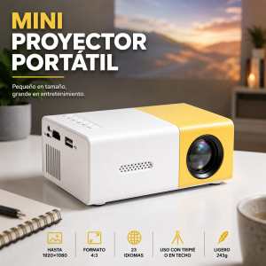 Mini proyector portátil compacto (127×81.5×48.5 mm, 243 g) con soporte hasta 1920×1080, 4:3 y 23 idiomas; uso con tripié o en techo. Venta por mayoreo