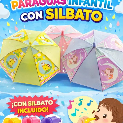 Paraguas para niños con silbato integrado, ligero, resistente al agua y con diseños coloridos variados. Venta por mayoreo. YH111