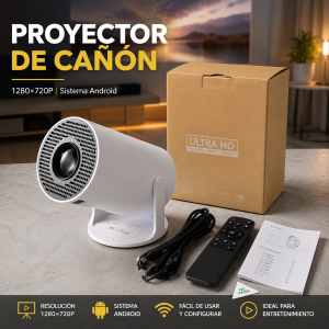 Proyector tipo cañón 1280×720P con sistema Android, diseño compacto y ajustable. Incluye control, cables y caja. Venta por mayoreo