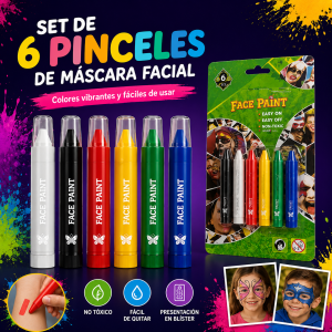 Set de 6 pinceles de máscara facial Face Paint en colores vibrantes, presentación en blíster y aplicación práctica para fiestas, eventos y uso recreativo. Venta por mayoreo