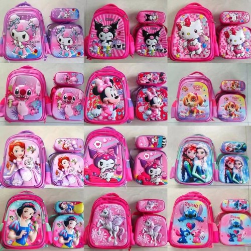 Combo mochila incluye mochila grande, lonchera y estuche, con diseños de personajes para niñas venta por mayoreo