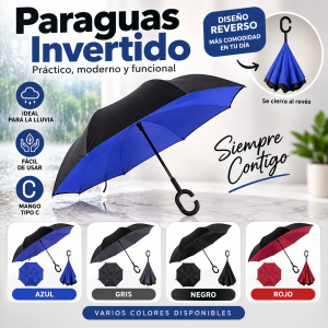 Paraguas invertido con mango cómodo en forma de C, colores variados. Venta por mayoreo