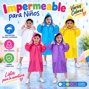 Impermeable para niños con capucha disponible en varios colores, ideal para protección en días de lluvia. Venta por mayoreo