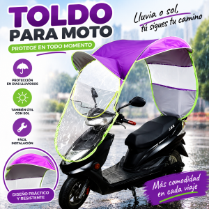 Protector tipo toldo para moto con cubierta superior y paneles transparentes, ideal para protección durante trayectos. Venta por mayoreo