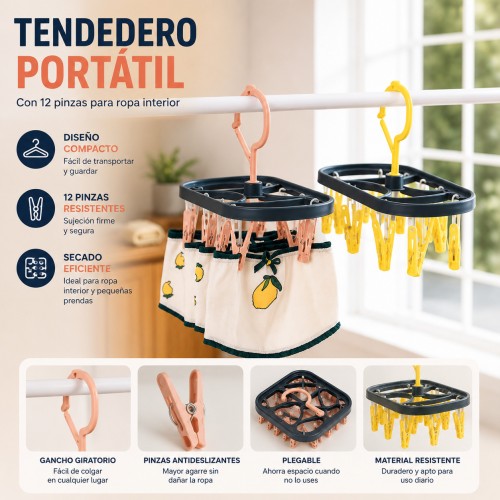 Tendedero con 12 Pinzas para Ropa Interior Compacto y Plegable para Interiores o Exteriores, 30*12. 5*19cm, Mayoreo