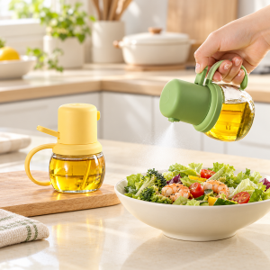 Dispensador de aceite con diseño compacto, asa y boquilla para servir cómodamente, ideal para cocinar y aderezar alimentos. Venta por mayoreo