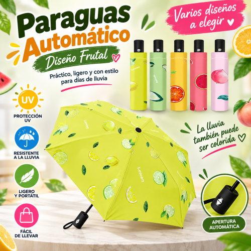 Paraguas automático plegable con diseño frutal y 8 varillas, ideal para uso diario en días de lluvia. Venta por mayoreo