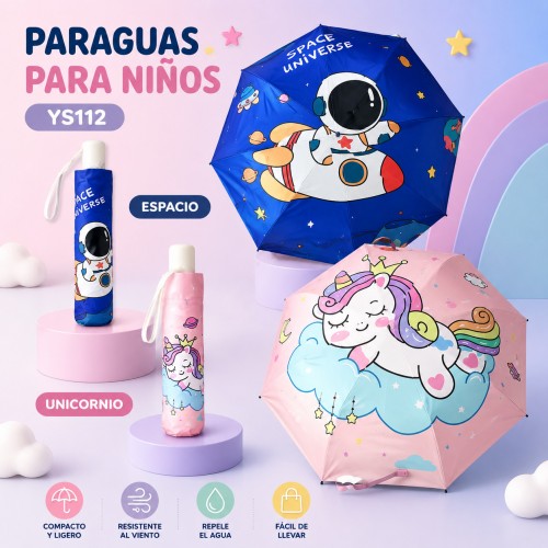 Paraguas infantil plegable diseño unicornio y espacio por mayoreo Paraguas infantil plegable diseño unicornio y espacio por mayoreo