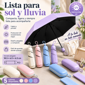 Paraguas plegable y revestimiento interior, ideal para sol y lluvia. Colores variados. Venta por mayoreo