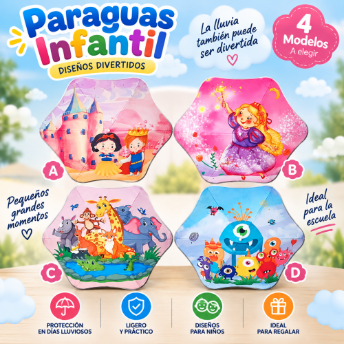 Paraguas hexagonal infantil con diseños surtidos de personajes y animales, ideal para uso infantil. Venta por mayoreo Paraguas hexagonal infantil con diseños surtidos de personajes y animales, ideal para uso infantil. Venta por mayoreo