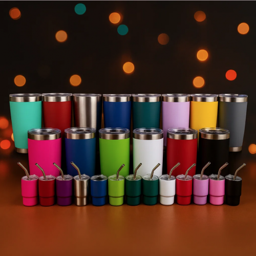 Duo de vasos térmicos dúo 20oz + 3oz de acero inoxidable. Mantienen bebidas frías/calientes. Colores variados. Venta por mayoreo.