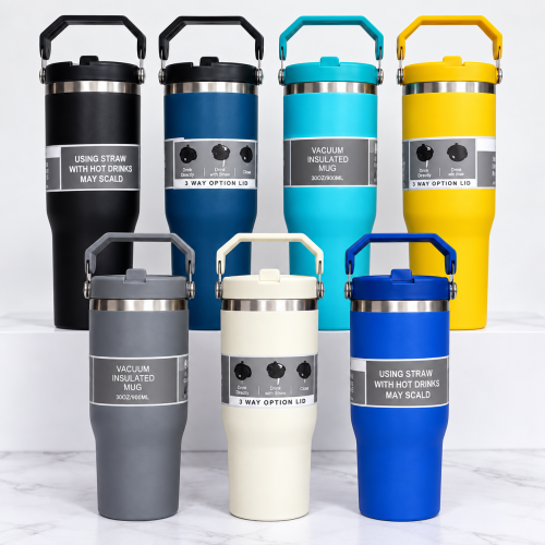 Termo de acero inoxidable de 30 oz con asa superior ideal para bebidas. Un color por caja. Venta al por mayor