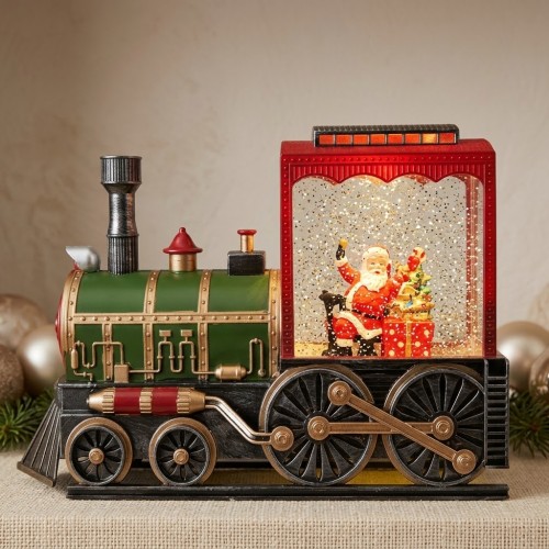 Farol navideño con luz y efecto de nieve en forma de tren, con escena de Santa Claus para decorar y ambientar espacios festivos. Venta por mayoreo Farol navideño con luz y efecto de nieve en forma de tren, con escena de Santa Claus para decorar y ambientar espacios festivos. Venta por mayoreo