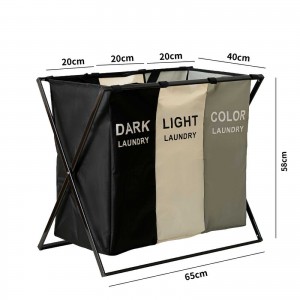 Cesta de almacenamiento de lavandería de tres compartimentos Negro + Gris + Beige + Tela. Venta por mayoreo