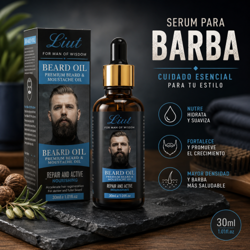 Sérum para barba de 30 ml con gotero, ideal para complementar la rutina de cuidado y arreglo de la barba. Venta por mayoreo