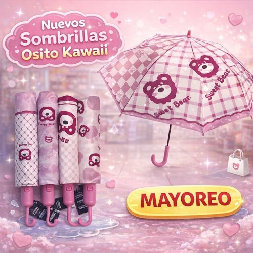 Sombrilla Rosa Osito Kawaii Sweet Bear por Mayoreo Z0121