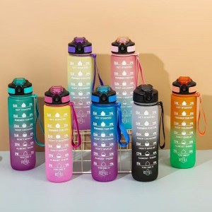 Botella deportiva de 1 litro colores degradados y frases motivacionales con marcadores de tiempo para el control de hidratación diaria. Venta por mayoreo ZE-0740