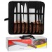 Juego de cuchillos de acero inoxidable con mango tipo madera. Incluye 10 piezas en estuche portátil. Ideal para cocina o parrilla. Venta al por mayor 