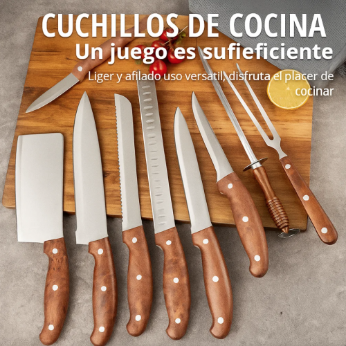 Juego de cuchillos de acero inoxidable con mango tipo madera. Incluye 10 piezas en estuche portátil. Ideal para cocina o parrilla. Venta al por mayor 
