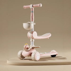 Scooter para niños 3 en 1 con asiento desmontable, luces LED, canastilla frontal y diseño de dinosaurio. Altura ajustable, ruedas silenciosas y base estable Venta al por mayor ZE-2916 