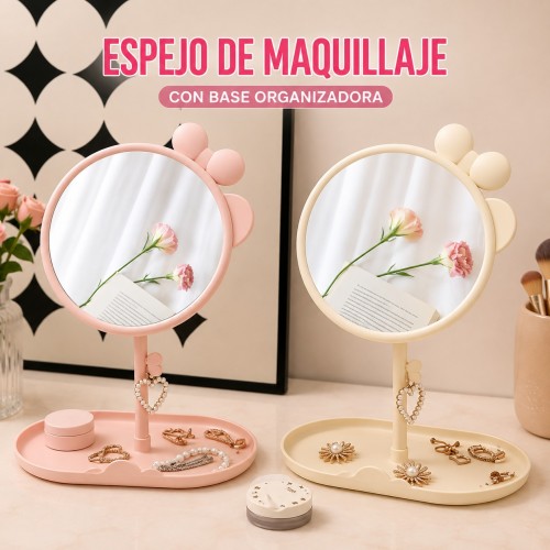 Espejo de tocador con diseño de orejas decorativas, base organizadora para joyería y maquillaje con rotación ajustable. Ideal para escritorio. Venta por mayoreo