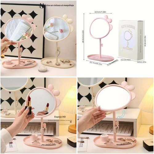 Espejo de tocador con diseño de orejas decorativas, base organizadora para joyería y maquillaje con rotación ajustable. Ideal para escritorio. Venta por mayoreo ZF-00337