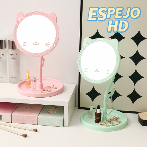 Espejo de tocador con diseño de orejas de gato y base organizadora para joyería o cosméticos. Venta por mayoreo ZF-00338