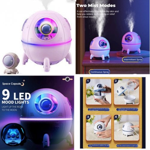 Humidificador cápsula espacial ZF-00357, con 2 modos de vapor, 9 luces LED ambientales, silencioso y portátil, ideal para dormitorio, oficina o decoración, venta por mayoreo