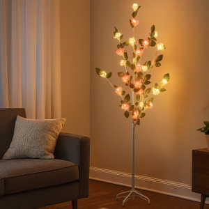 Árbol decorativo LED con flores tipo rosa, 1.5 m de altura, luz cálida. Ideal para decoración de interiores, bodas o navidad. Venta al por mayor ZFM-0098