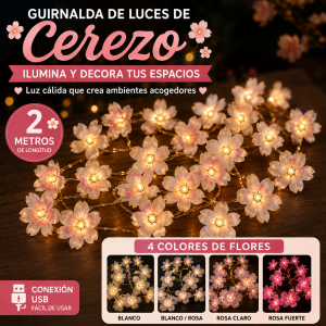 Guirnalda de luces de cerezo de 2 metros con 40 luces LED y conexión USB, ideal para decorar espacios interiores. Venta por mayoreo