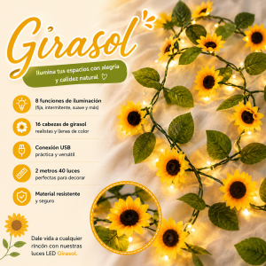 Guirnalda de luces LED con girasoles, 2 metros, 40 luces y conexión USB, ideal para decorar espacios interiores. Venta por mayoreo