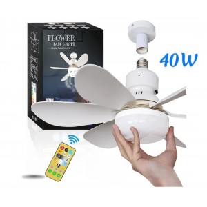Ventilador de techo con luz LED de 40W, aspas plegables y control remoto. Fácil instalación tipo foco. Ideal para hogar o negocio. Venta por mayoreo ZFM-175