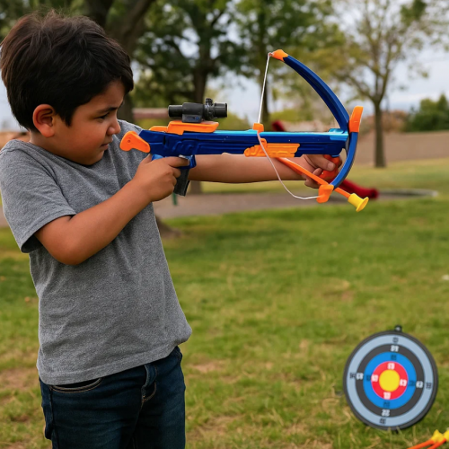 Juego de arco con flechas de punta segura y diana de práctica. Ideal para niños, diversión al aire libre o en interiores. Venta por mayoreoZG270-377