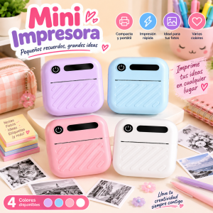 Mini impresora portátil en 4 colores, ideal para imprimir notas e imágenes pequeñas. Venta por mayoreo