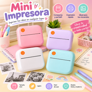 Mini impresora portátil disponible en varios colores, ideal para imprimir notas e imágenes pequeñas. Venta por mayoreo