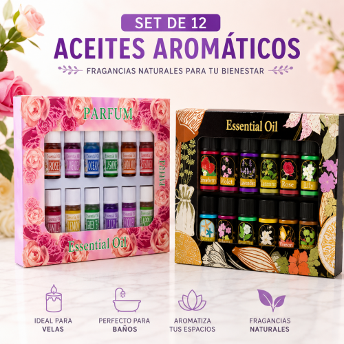 Set de 12 aceites aromáticos solubles en agua de 3 ml, con fragancias naturales como lavanda, rosa y limón, ideales para velas, baños y limpieza ambiental. Venta por mayoreo